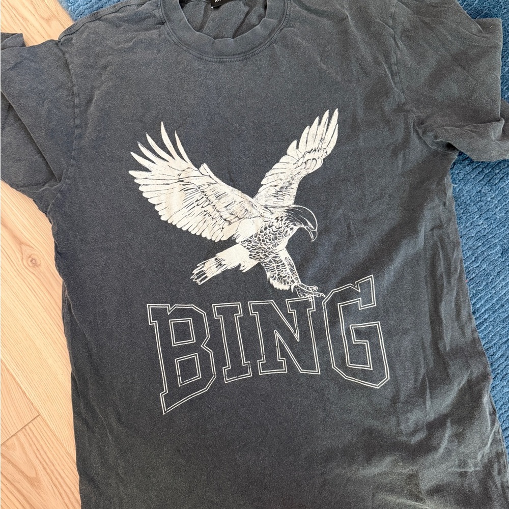 Anine Bing Charcoal Tee with White Eagle and BING Logo